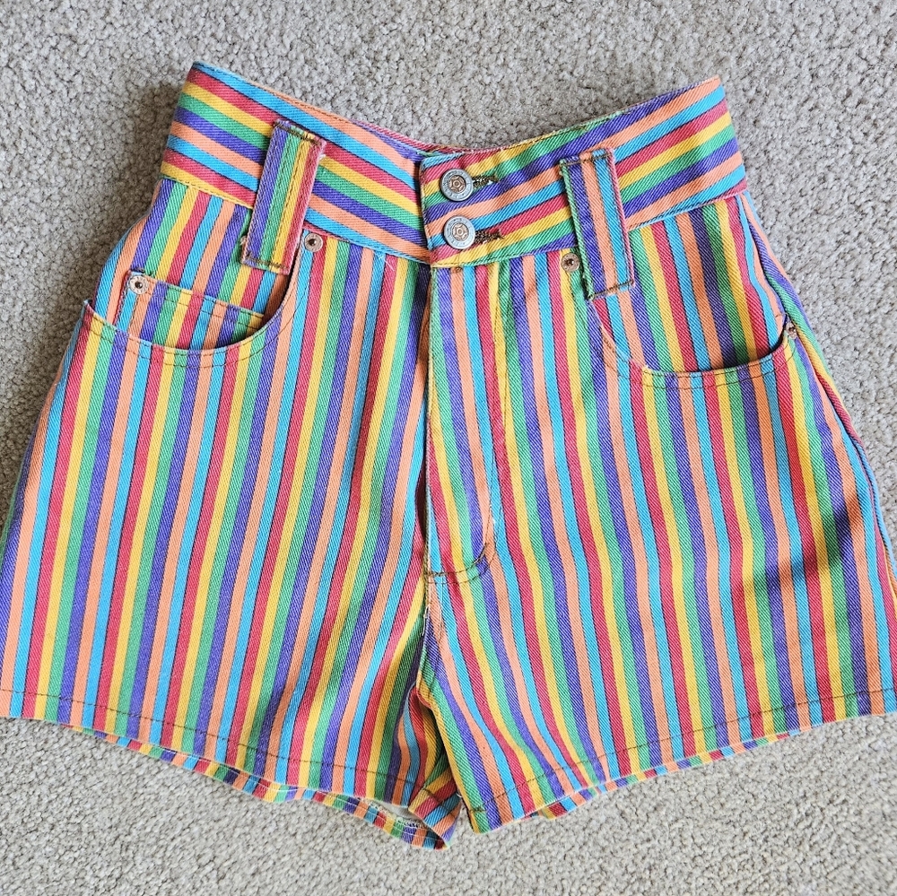 Vintage 90s Steel Jeans Rainbow Shorts - Size 3 Kidcore Stripes Lisa Frank